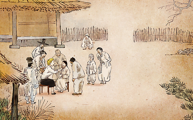 전신 PSD 서양인 여자 남자 일러스트 붓터치 초가집 앉기 여러명 성인 치료 진료 환자 의사 봉사 한복 조선시대 동양화 구경 과거 선교사 베이지색 선교활동 의료봉사 한센병 성인만 국내일러스트 외국인 한국전통 종교 컬러 다수 컨셉 의학 모션 한옥 미술 사람 의료진 도움 기독교인 역사 질병 전통의상 파일형식