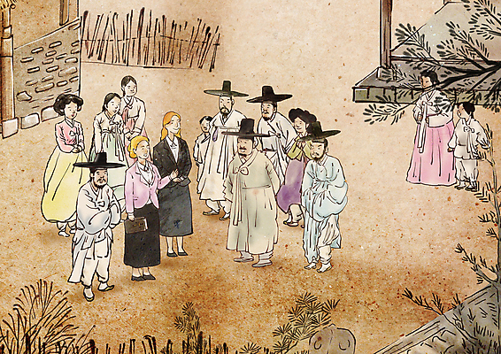 전신 PSD 서양인 여자 남자 어린이 일러스트 붓터치 소년 여러명 성인 마을 만남 인사 한복 조선시대 동양화 과거 양반 선교사 베이지색 선교활동 선비 국내일러스트 갓모자 외국인 모자_잡화 한국전통 종교 컬러 다수 컨셉 전통소품 미술 사람 예절 기독교인 역사 전통의상 신분 파일형식