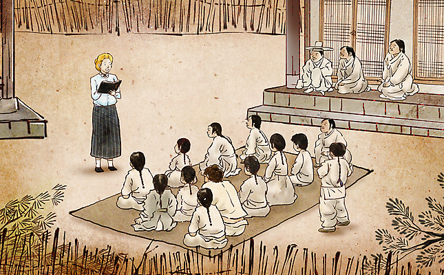 전신 PSD 서양인 여자 교육 남자 어린이 일러스트 학교 수업 붓터치 들기 앉기 소년 여러명 성인 성경 무릎꿇기 한복 강의 조선시대 동양화 돗자리 예배 과거 선교사 서당 베이지색 선교활동 국내일러스트 외국인 한국전통 종교 컬러 다수 컨셉 종교용품 모션 미술 사람 기독교인 역사 전통의상 파일형식