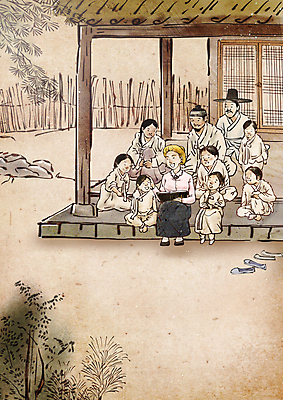 전신 PSD 서양인 여자 교육 남자 어린이 일러스트 가족 수업 붓터치 앉기 소년 여러명 성인 독서 성경 한복 조선시대 동양화 예배 과거 선교사 베이지색 선교활동 툇마루 국내일러스트 외국인 한국전통 종교 컬러 다수 컨셉 종교용품 관계 모션 미술 사람 마루_인테리어 기독교인 역사 전통의상 파일형식