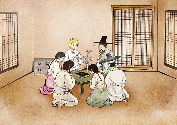 전신 PSD 서양인 여자 남자 일러스트 촛불 붓터치 여러명 성인 성경 기도 무릎꿇기 한복 조선시대 동양화 책상 예배 과거 양반 선교사 창호문 노비 베이지색 선교활동 선비 성인만 국내일러스트 갓모자 외국인 모자_잡화 한국전통 종교 컬러 가구 다수 컨셉 초 종교용품 모션 전통소품 미술 사람 문 기독교인 역사 전통의상 신분 파일형식