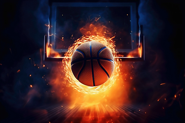 JPG 편집이미지 백그라운드 불꽃 농구공 사람없음 농구대 편집실사 AI컴퓨터그래픽 AI콘텐츠 공 불 농구 골대 CG 파일형식