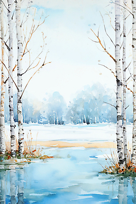 JPG 백그라운드 겨울 일러스트 자연 수채화 풍경 사람없음 강 눈 숲 자작나무 국내일러스트 AI일러스트 AI콘텐츠 자연요소 나무 계절 날씨 생태계 파일형식