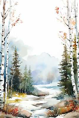 JPG 백그라운드 겨울 일러스트 자연 수채화 갈대 풍경 사람없음 바위 눈 숲 오솔길 자작나무 국내일러스트 AI일러스트 AI콘텐츠 자연요소 나무 식물 계절 길 날씨 돌_바위 생태계 파일형식