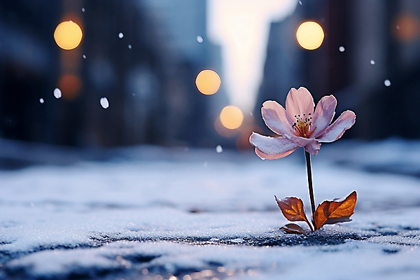 JPG 편집이미지 꽃 사람없음 눈 도심 아스팔트 디지털합성 보케 눈덮임 편집실사 AI포토 AI콘텐츠 자연요소 식물 도로 컨셉 날씨 도시 CG 파일형식