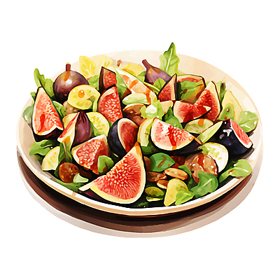 PSD 그릇 접시 열매 채소 일러스트 수채화 사람없음 샐러드 소스 달콤 무화과 제철 제철과일 국내일러스트 식물 식기 음식 과일 양념 맛 파일형식