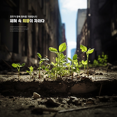 PSD 편집이미지 잎 사람없음 빛 새싹 평화 희망 기도 도시 폐허 전쟁터 이미지편집 식물 감정 컨셉 전쟁 파일형식