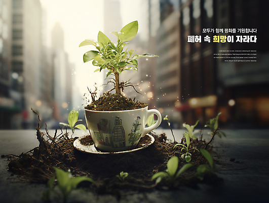 PSD 편집이미지 잎 사람없음 빛 새싹 평화 희망 기도 도시 찻잔 폐허 전쟁터 이미지편집 식물 감정 컨셉 잔 전쟁 파일형식