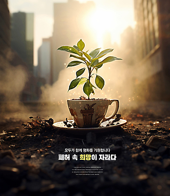 PSD 편집이미지 잎 하늘 사람없음 빛 햇빛 새싹 평화 희망 기도 도시 찻잔 폐허 전쟁터 이미지편집 식물 감정 컨셉 잔 태양 전쟁 파일형식