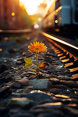 JPG 편집이미지 꽃 한송이 사람없음 햇빛 일몰 기찻길 조약돌 선로 편집실사 AI포토 AI콘텐츠 식물 1 태양 노을 돌_바위 CG 송이 파일형식