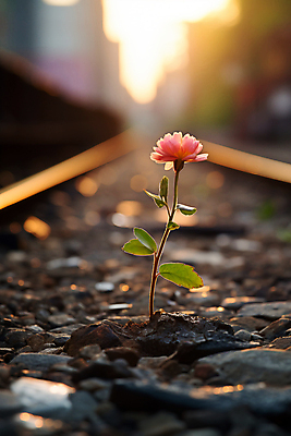 JPG 편집이미지 꽃 한송이 사람없음 햇빛 일몰 기찻길 조약돌 선로 편집실사 AI포토 AI콘텐츠 식물 1 태양 노을 돌_바위 CG 송이 파일형식