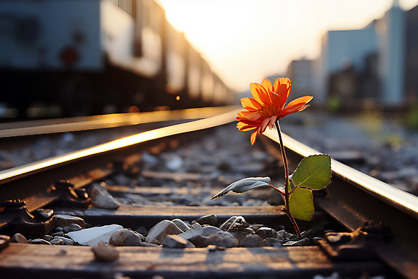 JPG 편집이미지 꽃 한송이 사람없음 일몰 기찻길 조약돌 선로 편집실사 AI포토 AI콘텐츠 식물 1 노을 돌_바위 CG 송이 파일형식