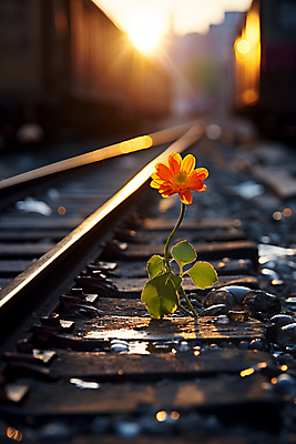 JPG 편집이미지 꽃 한송이 사람없음 햇빛 일몰 기찻길 조약돌 선로 편집실사 AI포토 AI콘텐츠 식물 1 태양 노을 돌_바위 CG 송이 파일형식