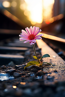 JPG 편집이미지 꽃 한송이 사람없음 햇빛 일몰 기찻길 조약돌 선로 편집실사 AI포토 AI콘텐츠 식물 1 태양 노을 돌_바위 CG 송이 파일형식