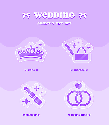 아이콘 리본 결혼 프로포즈 스티커 사람없음 반짝임 화장 라벨 보라색 립스틱 축하 반지 오브젝트 티아라 결혼반지 커플반지 2D아이콘 AI파일 컬러 컨셉 장신구 모션 왕관 프레임 이벤트 뷰티 화장품 파일형식 벡터