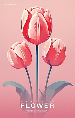 PSD 포스터 분홍색 일러스트 사람없음 튤립 빈티지 오브젝트 국내일러스트 꽃 컬러 컨셉 파일형식
