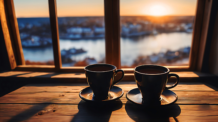 JPG 편집이미지 겨울 풍경 사람없음 햇빛 노을 커피잔 컵받침 창가 편집실사 AI포토 AI콘텐츠 자연요소 계절 커피 창문 잔 태양 받침대 CG 파일형식