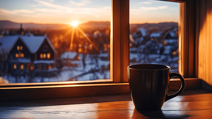 JPG 편집이미지 겨울 하늘 풍경 사람없음 햇빛 노을 머그컵 눈 창가 편집실사 AI포토 AI콘텐츠 자연요소 계절 창문 날씨 컵 태양 CG 파일형식
