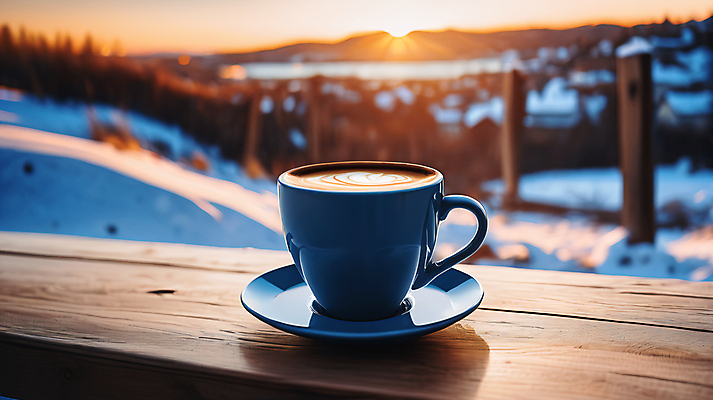 JPG 겨울 일러스트 탁자 풍경 사람없음 햇빛 노을 눈 커피잔 컵받침 라떼아트 국내일러스트 AI일러스트 AI콘텐츠 자연요소 계절 커피 가구 날씨 잔 태양 받침대 그림 라떼 파일형식