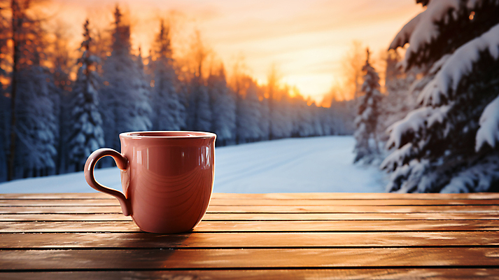 JPG 편집이미지 겨울 탁자 풍경 사람없음 노을 머그컵 편집실사 AI포토 AI콘텐츠 자연요소 계절 가구 컵 CG 파일형식