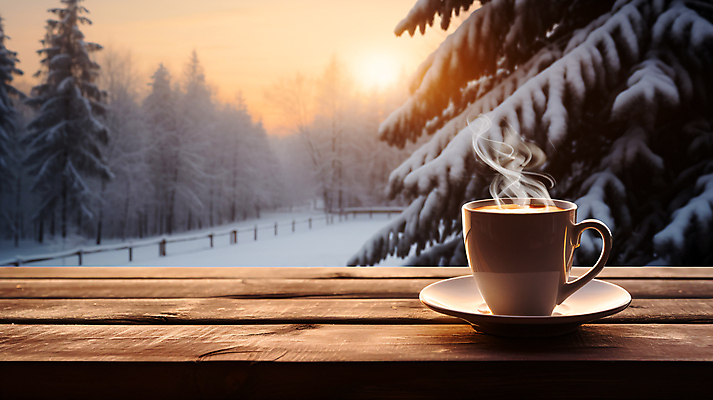JPG 편집이미지 겨울 탁자 풍경 사람없음 햇빛 눈 연기 커피잔 컵받침 편집실사 AI포토 AI콘텐츠 자연요소 계절 커피 가구 날씨 잔 태양 받침대 CG 파일형식