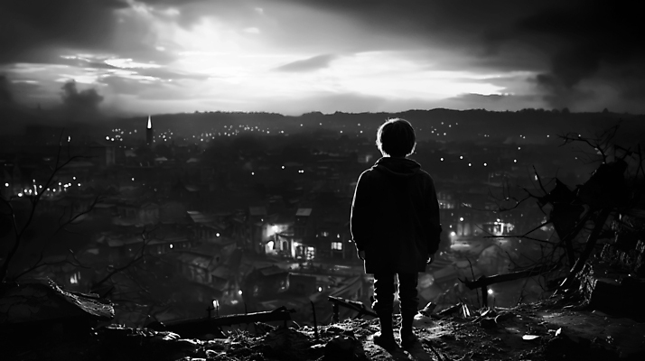 JPG 전신 구름 편집이미지 응시 남자 어린이 하늘 흑백 한명 풍경 소년 도시 디지털합성 폐허 전쟁터 소년한명만 편집실사 AI인물포토 AI콘텐츠 자연요소 1 시선 촬영기법 사람 CG 전쟁 남자한명만 소년만 파일형식 AI포토