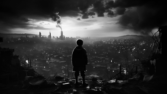 JPG 전신 구름 편집이미지 응시 남자 어린이 하늘 흑백 한명 풍경 소년 도시 디지털합성 폐허 전쟁터 소년한명만 편집실사 AI인물포토 AI콘텐츠 자연요소 1 시선 촬영기법 사람 CG 전쟁 남자한명만 소년만 파일형식 AI포토