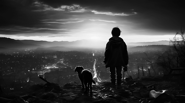 JPG 전신 구름 편집이미지 응시 남자 어린이 하늘 흑백 한명 풍경 소년 도시 디지털합성 폐허 전쟁터 소년한명만 편집실사 AI인물포토 AI콘텐츠 자연요소 1 시선 촬영기법 사람 CG 전쟁 남자한명만 소년만 파일형식 AI포토