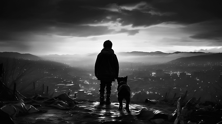 JPG 전신 구름 편집이미지 응시 남자 어린이 하늘 흑백 한명 풍경 소년 도시 강아지 디지털합성 폐허 전쟁터 소년한명만 편집실사 AI인물포토 AI콘텐츠 자연요소 1 시선 촬영기법 사람 반려동물 개 CG 전쟁 남자한명만 소년만 파일형식 AI포토