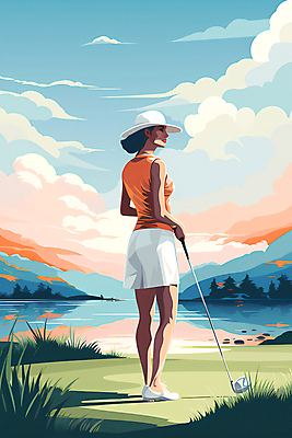 JPG 전신 구름 모자 여자 일러스트 골프장 하늘 한명 풍경 성인 강 골프채 잡기 골퍼 디지털합성 성인여자한명만 국내일러스트 AI일러스트 AI콘텐츠 자연요소 1 잡화 골프 스포츠시설 모션 운동선수 골프용품 사람 여자한명만 성인여자만 파일형식