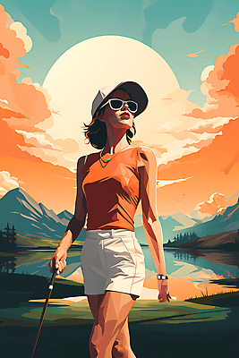 JPG 구름 여자 일러스트 골프장 하늘 산 한명 풍경 상반신 성인 강 선글라스 태양 골프채 잡기 골퍼 디지털합성 성인여자한명만 국내일러스트 AI일러스트 AI콘텐츠 자연요소 1 안경 골프 스포츠시설 모션 운동선수 골프용품 사람 여자한명만 성인여자만 파일형식