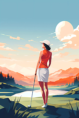 JPG 전신 구름 여자 일러스트 골프장 하늘 산 한명 풍경 성인 강 태양 골프채 잡기 골퍼 디지털합성 캡모자 성인여자한명만 국내일러스트 AI일러스트 AI콘텐츠 자연요소 모자_잡화 1 골프 스포츠시설 모션 운동선수 골프용품 사람 여자한명만 성인여자만 파일형식