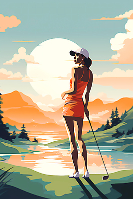 JPG 구름 여자 일러스트 골프장 하늘 산 한명 풍경 성인 강 태양 골프채 잡기 골퍼 디지털합성 캡모자 성인여자한명만 국내일러스트 AI일러스트 AI콘텐츠 자연요소 모자_잡화 1 골프 스포츠시설 모션 운동선수 골프용품 사람 여자한명만 성인여자만 파일형식