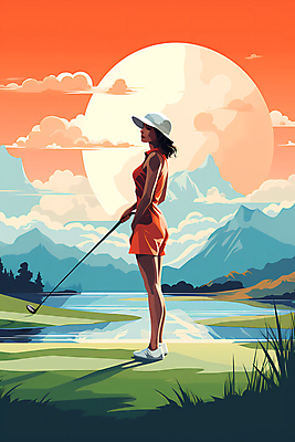 JPG 구름 모자 여자 일러스트 골프장 하늘 산 한명 풍경 성인 강 태양 골프채 잡기 골퍼 디지털합성 성인여자한명만 국내일러스트 AI일러스트 AI콘텐츠 자연요소 1 잡화 골프 스포츠시설 모션 운동선수 골프용품 사람 여자한명만 성인여자만 파일형식