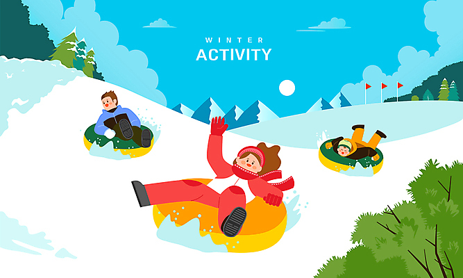 전신 여자 남자 겨울 일러스트 나뭇잎 산 성인 세명 파란색 손들기 승차 썰매 튜브 썰매타기 내리막 눈썰매장 썰매장 성인만 액티비티 내려오기 국내일러스트 AI파일 계절 컬러 잎 모션 사람 전통놀이 파일형식 벡터