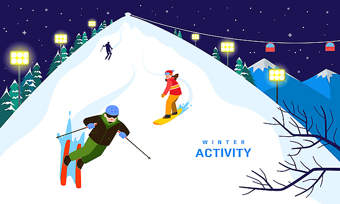 전신 나무 여자 남자 겨울 일러스트 밤하늘 스키 스키장 조명 성인 세명 나뭇가지 스노우보드 야간 남색 내리막 스키리프트 성인만 스키타기 액티비티 설산 내려오기 국내일러스트 AI파일 자연요소 식물 계절 컬러 모션 하늘 겨울스포츠 산 사람 보드_스포츠 리프트 파일형식 벡터