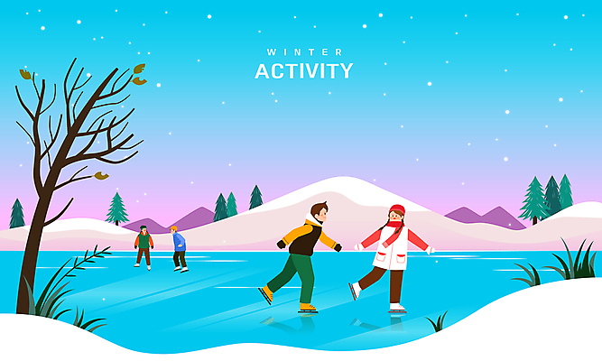 전신 나무 커플 여자 남자 호수 하늘색 일러스트 여러명 성인 마주보기 스케이트 풀 빙판 롤러스케이트화 눈내림 성인만 액티비티 국내일러스트 AI파일 식물 스포츠용품 다수 관계 모션 눈_날씨 사람 파란색 롤러블레이드 파일형식 벡터
