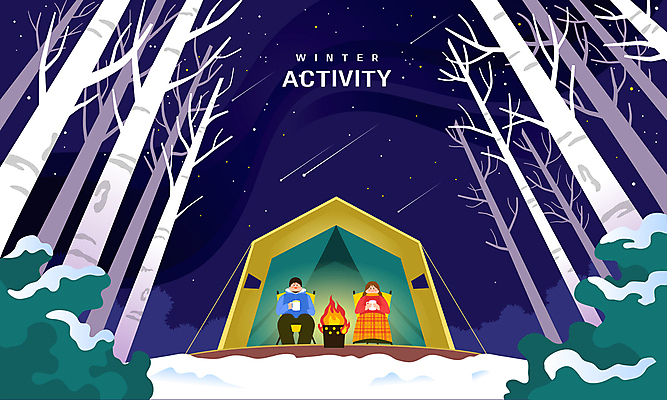 전신 커플 여자 남자 겨울 일러스트 밤하늘 텐트 들기 앉기 풍경 성인 두명 보라색 캠핑 머그컵 풀 숲 유성 모닥불 자작나무 성인만 캠핑족 액티비티 눈덮임 국내일러스트 AI파일 나무 식물 계절 컬러 컨셉 관계 모션 하늘 불 레저 캠핑도구 사람 컵 야간 신조어 파일형식 벡터