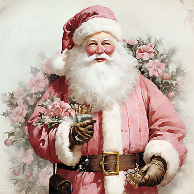 JPG 노년 남자 꽃 분홍색 잎 크리스마스 겨울 일러스트 한명 들기 상반신 산타클로스 디지털합성 노인남자한명만 국내일러스트 AI일러스트 AI콘텐츠 식물 1 계절 기념일 컬러 모션 사람 성인 남자한명만 노인남자만 파일형식