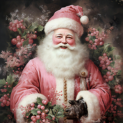 JPG 노년 남자 분홍색 잎 크리스마스 겨울 일러스트 한명 들기 상반신 산타클로스 디지털합성 호랑가시나무열매 노인남자한명만 국내일러스트 AI일러스트 AI콘텐츠 식물 1 계절 기념일 열매 컬러 모션 사람 성인 남자한명만 노인남자만 파일형식