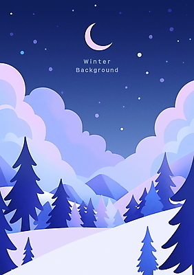 PSD 나무 구름 포스터 백그라운드 일러스트 밤하늘 풍경 사람없음 설원 보라색 초승달 겨울풍경 국내일러스트 자연요소 식물 컬러 겨울 하늘 눈_날씨 달 야간 파일형식