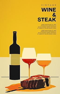 PSD 디자인 포스터 와인잔 일러스트 서양음식 스테이크 사람없음 노란색 레드와인 와인병 미니멀 국내일러스트 음식 컬러 술잔 병_용기 와인 파일형식