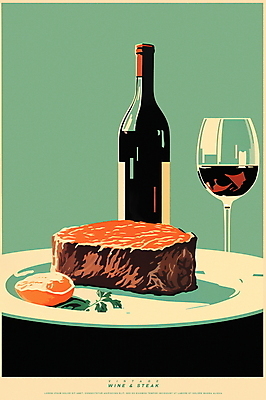 PSD 디자인 포스터 와인잔 일러스트 서양음식 스테이크 사람없음 초록색 고명 레드와인 와인병 미니멀 국내일러스트 음식 컬러 술잔 병_용기 와인 파일형식