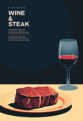 PSD 접시 디자인 포스터 와인잔 일러스트 서양음식 스테이크 사람없음 와인 남색 레드와인 미니멀 국내일러스트 식기 음식 컬러 술잔 주류 파일형식