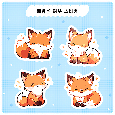 하늘색 스티커 여러마리 일러스트 미소 사람없음 반짝임 세트 귀여움 다이어리 여우캐릭터 다꾸 아기자기 국내일러스트 AI파일 동물캐릭터 다수 컨셉 모션 표정 파란색 사무용품 여우 신조어 약어 파일형식 벡터
