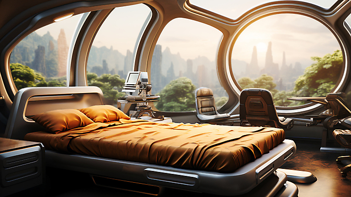 JPG 나무 편집이미지 의자 침구 상상 미래 실내 풍경 사람없음 인테리어 햇빛 기계 공간 침대 돌산 스마트 디지털합성 미래도시 창밖 스마트홈 편집실사 AI컴퓨터그래픽 AI콘텐츠 식물 디자인 가구 컨셉 창문 산 내부 태양 도시 CG 파일형식 AI_인공지능