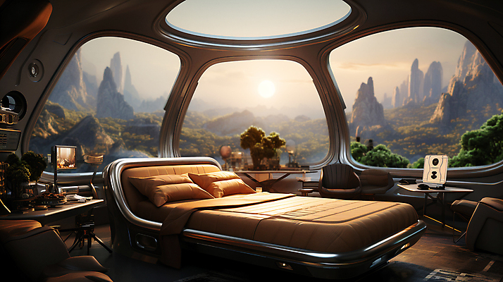 JPG 나무 편집이미지 의자 침구 상상 미래 실내 풍경 사람없음 인테리어 햇빛 태양 기계 공간 침대 돌산 스마트 디지털합성 미래도시 창밖 스마트홈 편집실사 AI컴퓨터그래픽 AI콘텐츠 자연요소 식물 디자인 가구 컨셉 창문 산 내부 도시 CG 파일형식 AI_인공지능