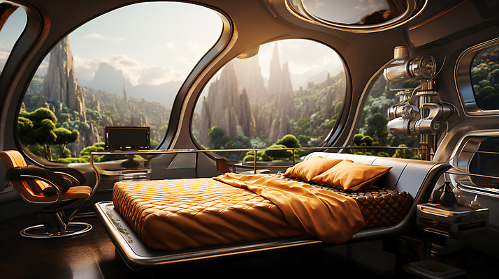 JPG 나무 편집이미지 의자 침구 상상 미래 실내 풍경 사람없음 인테리어 기계 공간 침대 돌산 스마트 디지털합성 미래도시 창밖 스마트홈 편집실사 AI컴퓨터그래픽 AI콘텐츠 식물 디자인 가구 컨셉 창문 산 내부 도시 CG 파일형식 AI_인공지능