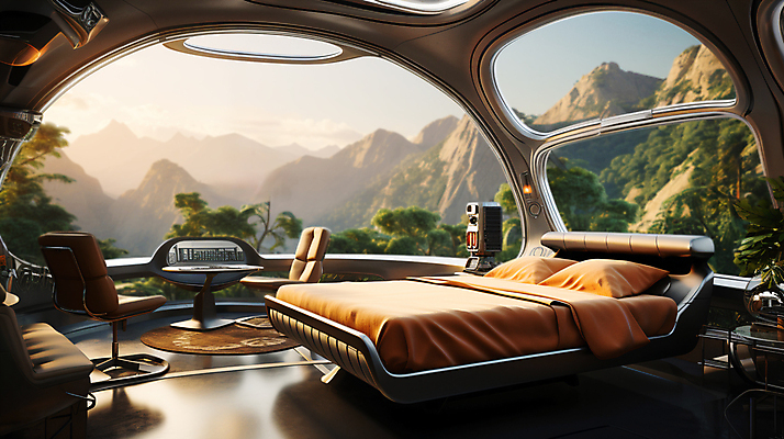 JPG 나무 편집이미지 의자 침구 상상 미래 실내 풍경 사람없음 인테리어 기계 공간 침대 돌산 스마트 디지털합성 미래도시 창밖 스마트홈 편집실사 AI컴퓨터그래픽 AI콘텐츠 식물 디자인 가구 컨셉 창문 산 내부 도시 CG 파일형식 AI_인공지능