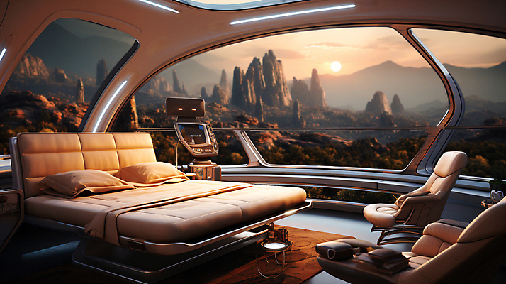 JPG 편집이미지 의자 침구 상상 미래 실내 풍경 사람없음 인테리어 태양 기계 일몰 공간 침대 돌산 스마트 디지털합성 미래도시 창밖 스마트홈 편집실사 AI컴퓨터그래픽 AI콘텐츠 자연요소 디자인 가구 컨셉 창문 산 내부 노을 도시 CG 파일형식 AI_인공지능